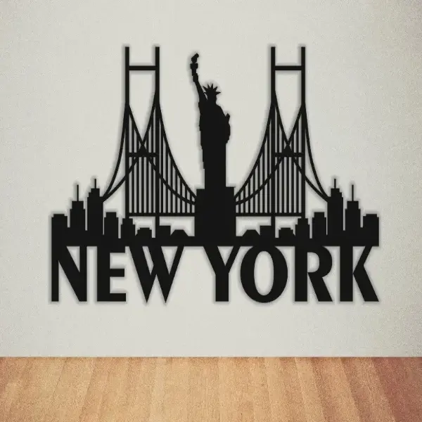 New York Statue of Liberty & Bridge MDF Wood Art "New York Statue of Liberty and Brooklyn Bridge MDF Wood Art for Modern Office".