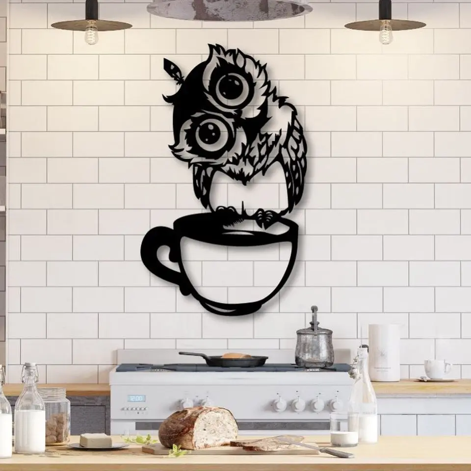 Cute Owl Sitting on Cup – MDF Wood Decorative Wall Art "Cute Owl Sitting on Cup MDF Wood Decorative Wall Art for Kitchen".