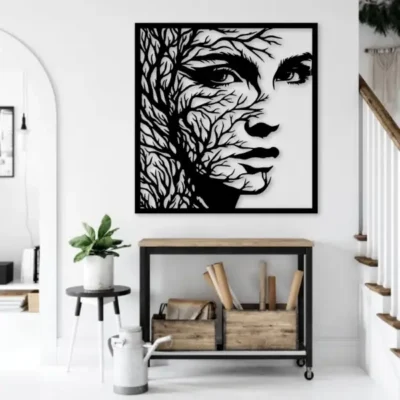 "Portrait Girl Face with Tree Branches Artistic Wall Art for Modern Living Room".